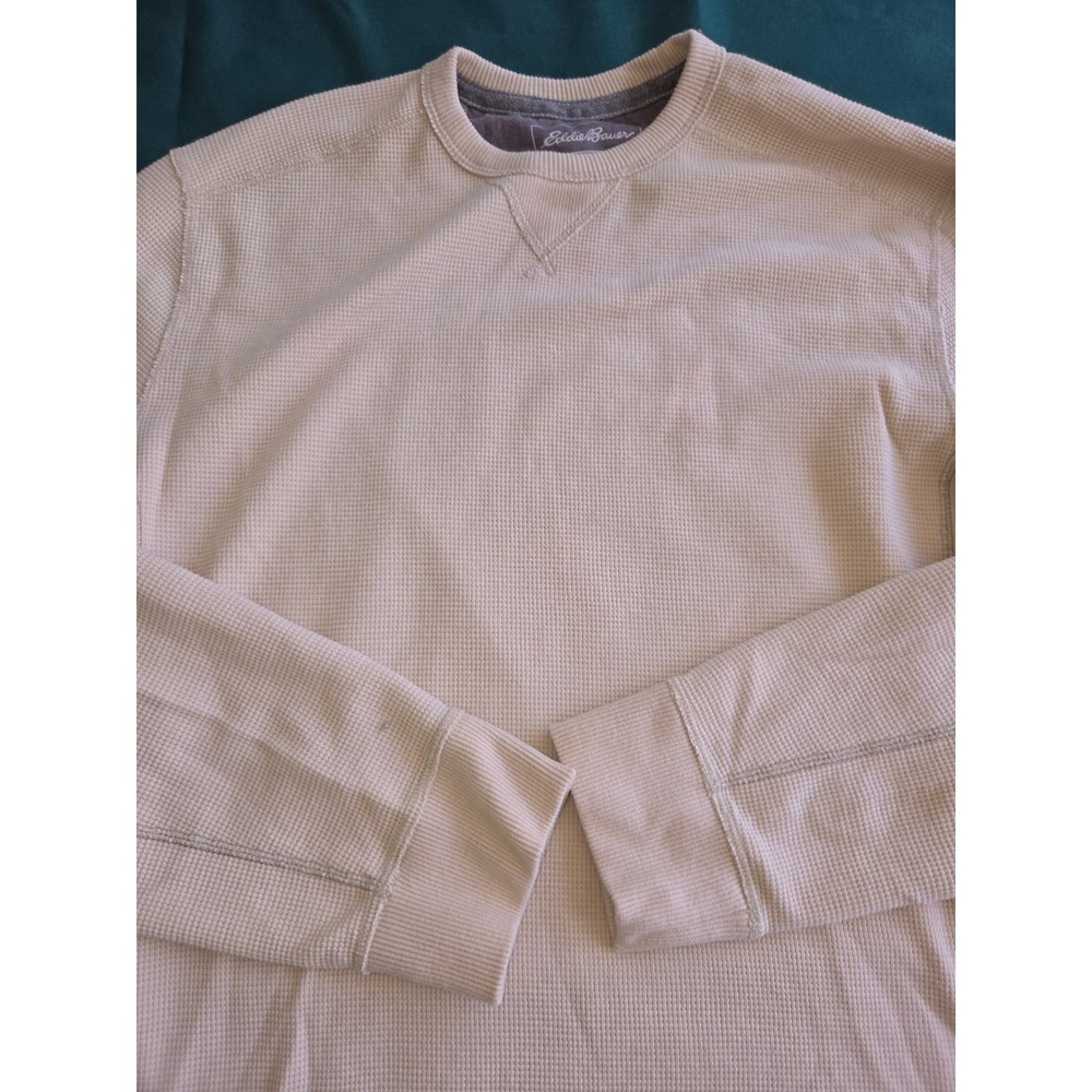 Eddie Bauer Mens Medium Waffle Knit Thermal Long Sleeve Shirt Tan Beige Crewneck